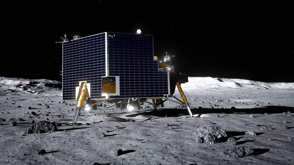 Módulo de aterrizaje lunar con patas desplegadas y antena orientada sobre terreno gris irregular