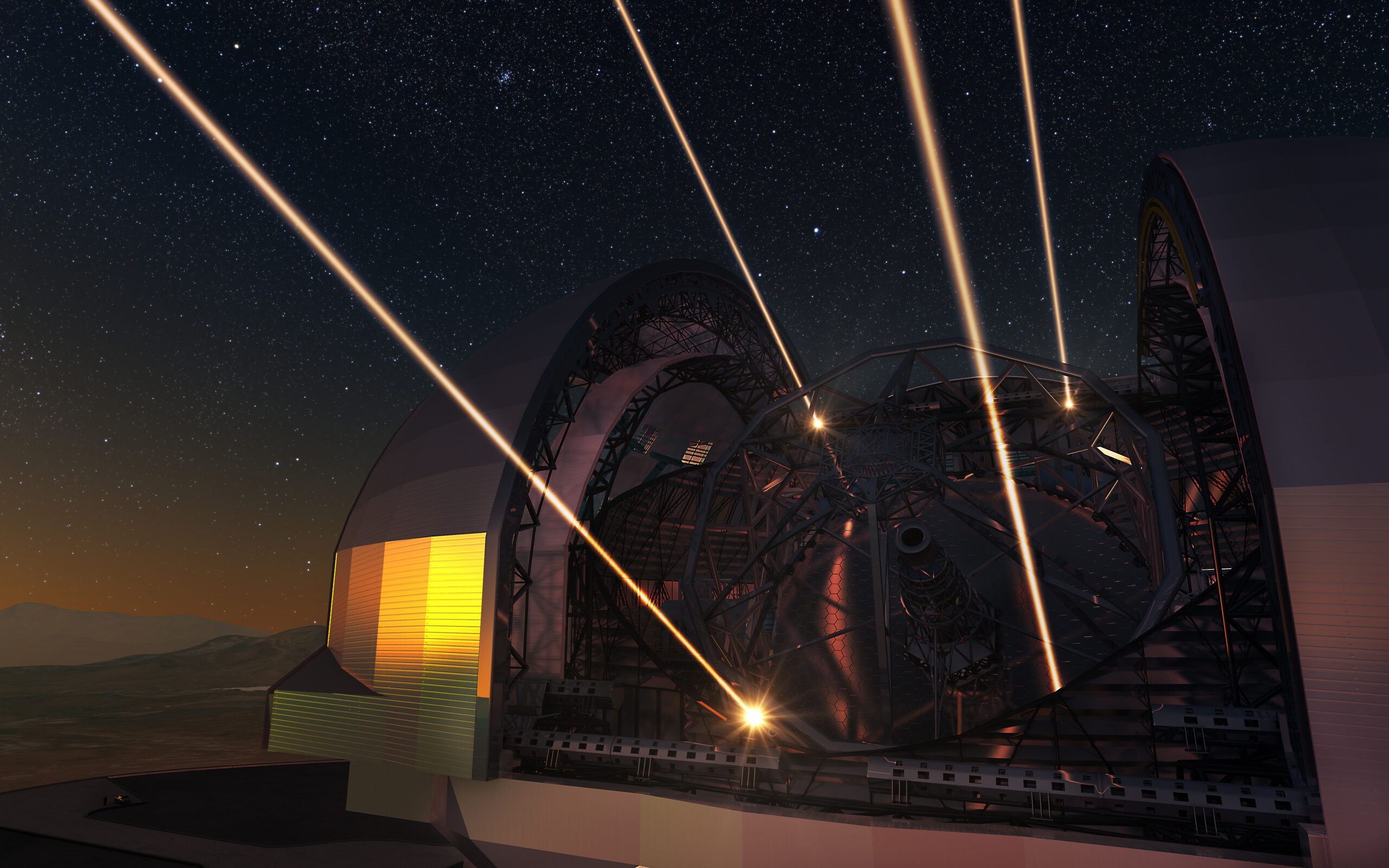 Estructura metálica y cúpula del futuro telescopio gigante en obras sobre la cima del cerro