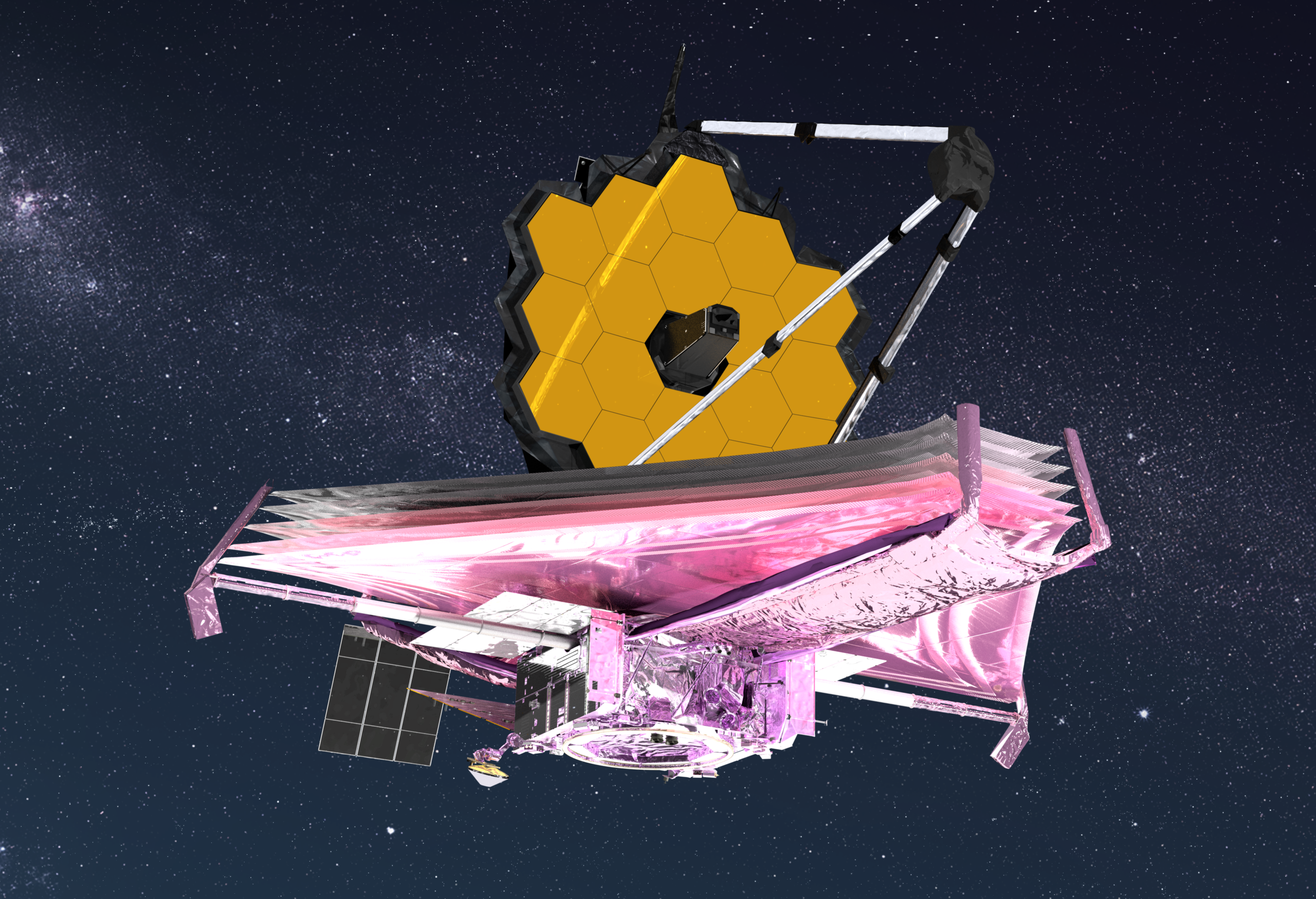 Espejo segmentado dorado del telescopio espacial desplegado durante las pruebas en sala limpia