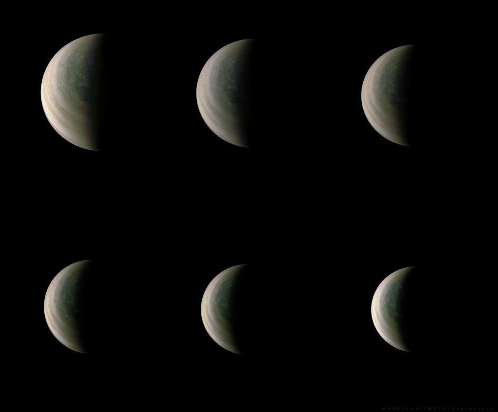 Representación de la sonda Juno con sus tres brazos de paneles solares sobre las nubes de Júpiter