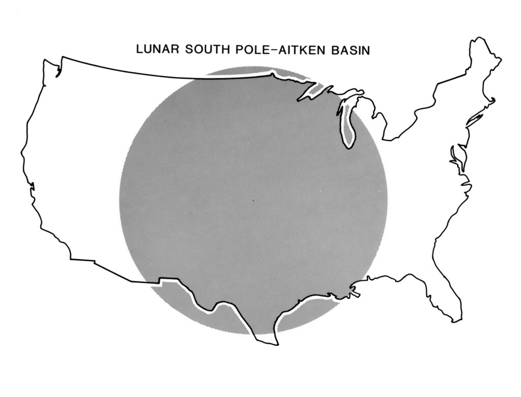 Mapa topográfico de la cara oculta lunar con la gran cuenca de impacto destacada en color