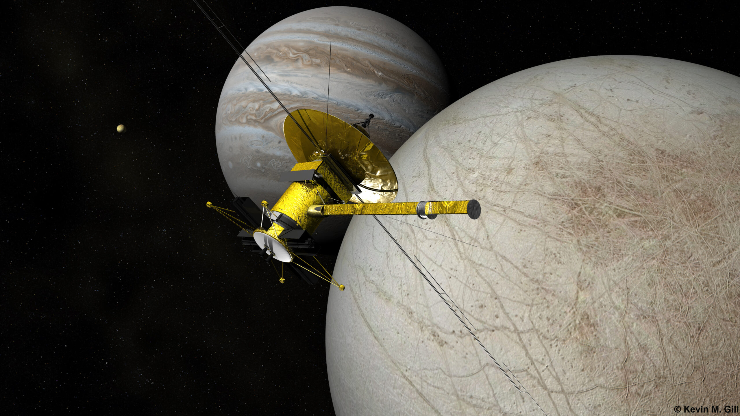Representación de la sonda Europa Clipper con sus dos grandes paneles solares desplegados sobre Júpiter