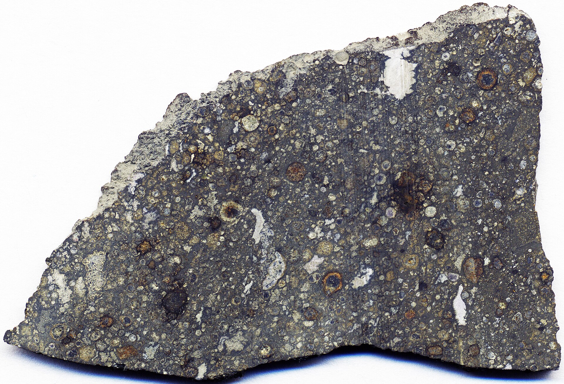 Fragmento oscuro de meteorito condrítico partido sobre fondo neutro con la superficie de corte visible