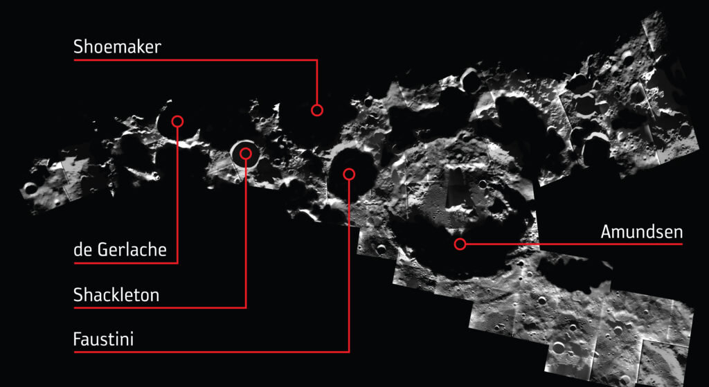 Cráter del polo sur lunar en sombra permanente visto desde órbita con el borde iluminado