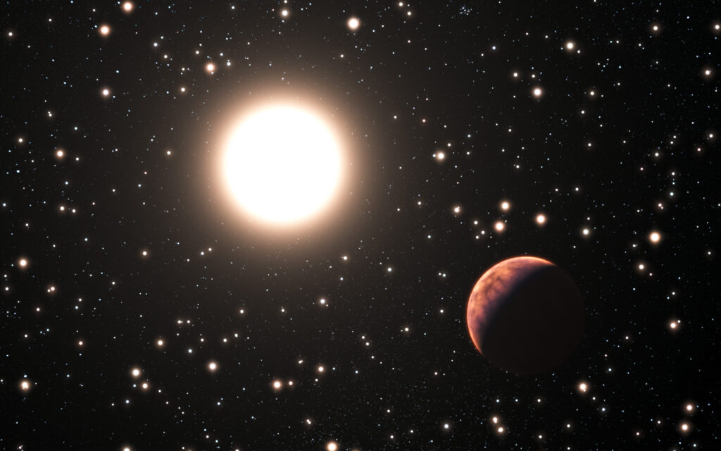 Ilustración de un planeta oscuro cruzando por delante del disco brillante de su estrella