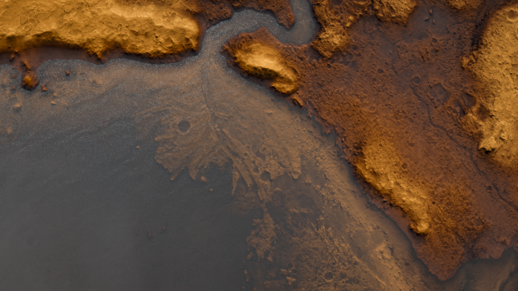 Vista orbital del cráter marciano con el abanico sedimentario del antiguo delta en su borde occidental