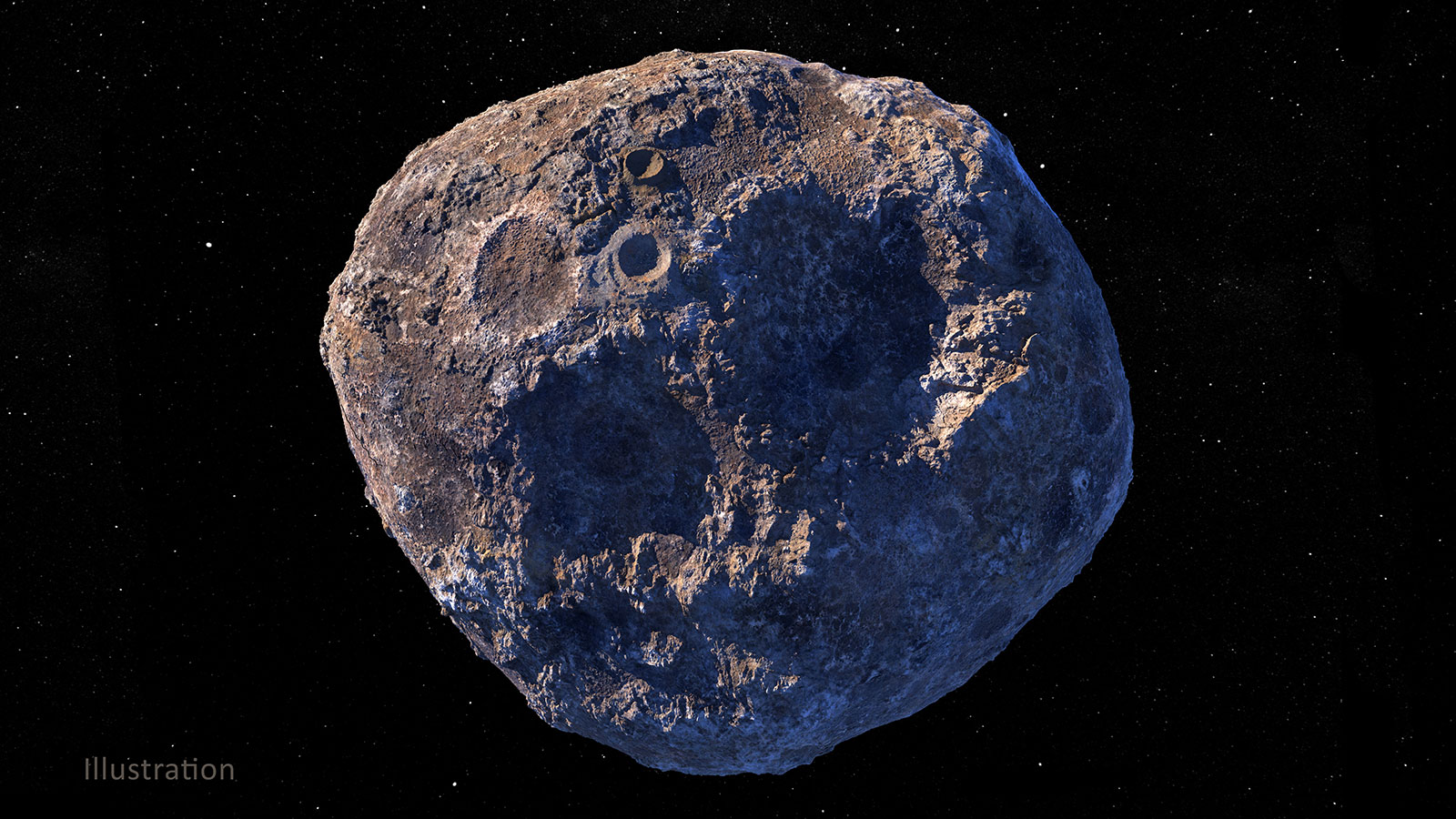 Cuerpo irregular y grisáceo del asteroide metálico iluminado lateralmente sobre el fondo negro del espacio